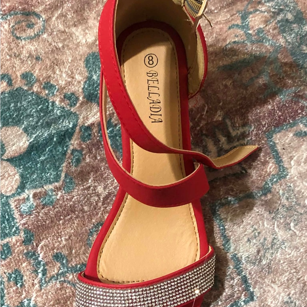 Red Women's Strappy Sandals with Rhinestone Accent